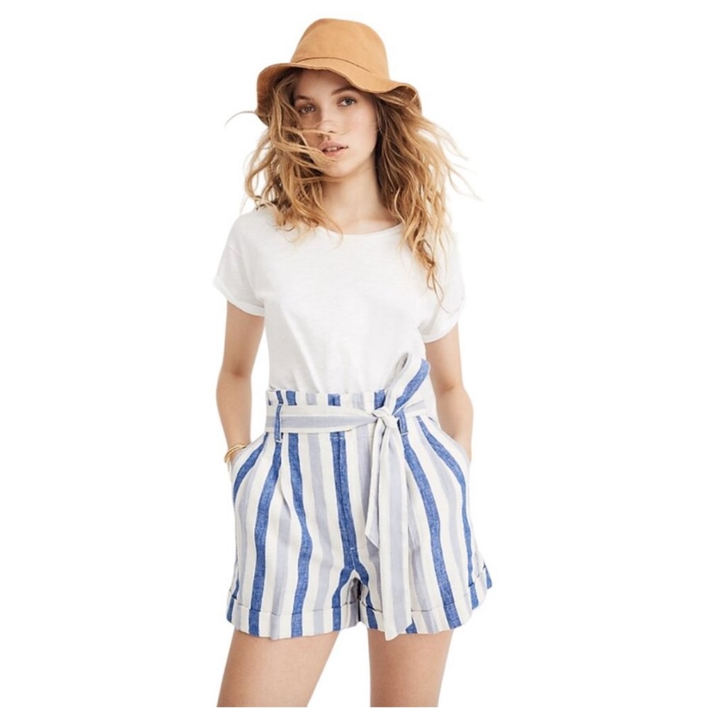 Madewell Paperbag Shorts Blue White Striped high-rise Linen-Blend Shorts